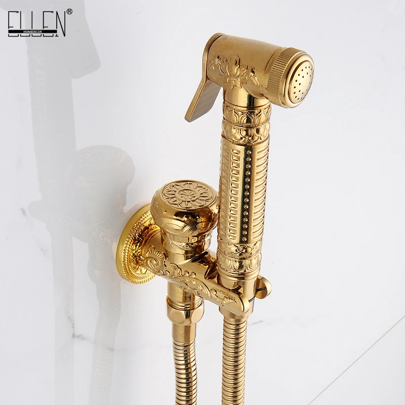 

Gold Bathroom Bidet Faucets Wall Brass Cold Water Flower Carved Toilet Clearing Hand Shower Mop Faucet Tap Solid Brass ELS811