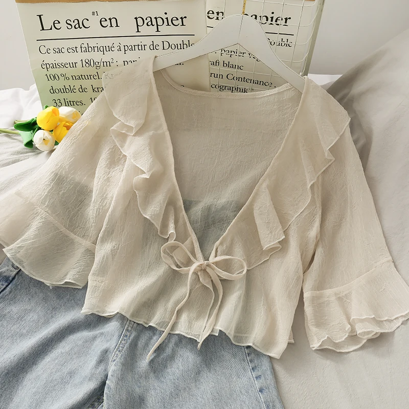 Pearl Diary Chiffon Blouse Bow Tie Front Ruffle Neckline And Sleeve Summer Drapey Sheer Blouse Beach Casual Chiffon Cover Up