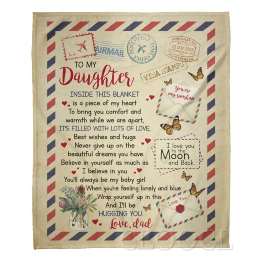 HXTo My Daughter Flannel Blankets From Dad To My Daughter Inside This Blanket Letter Airmail Envelope Mail Plush Quilts