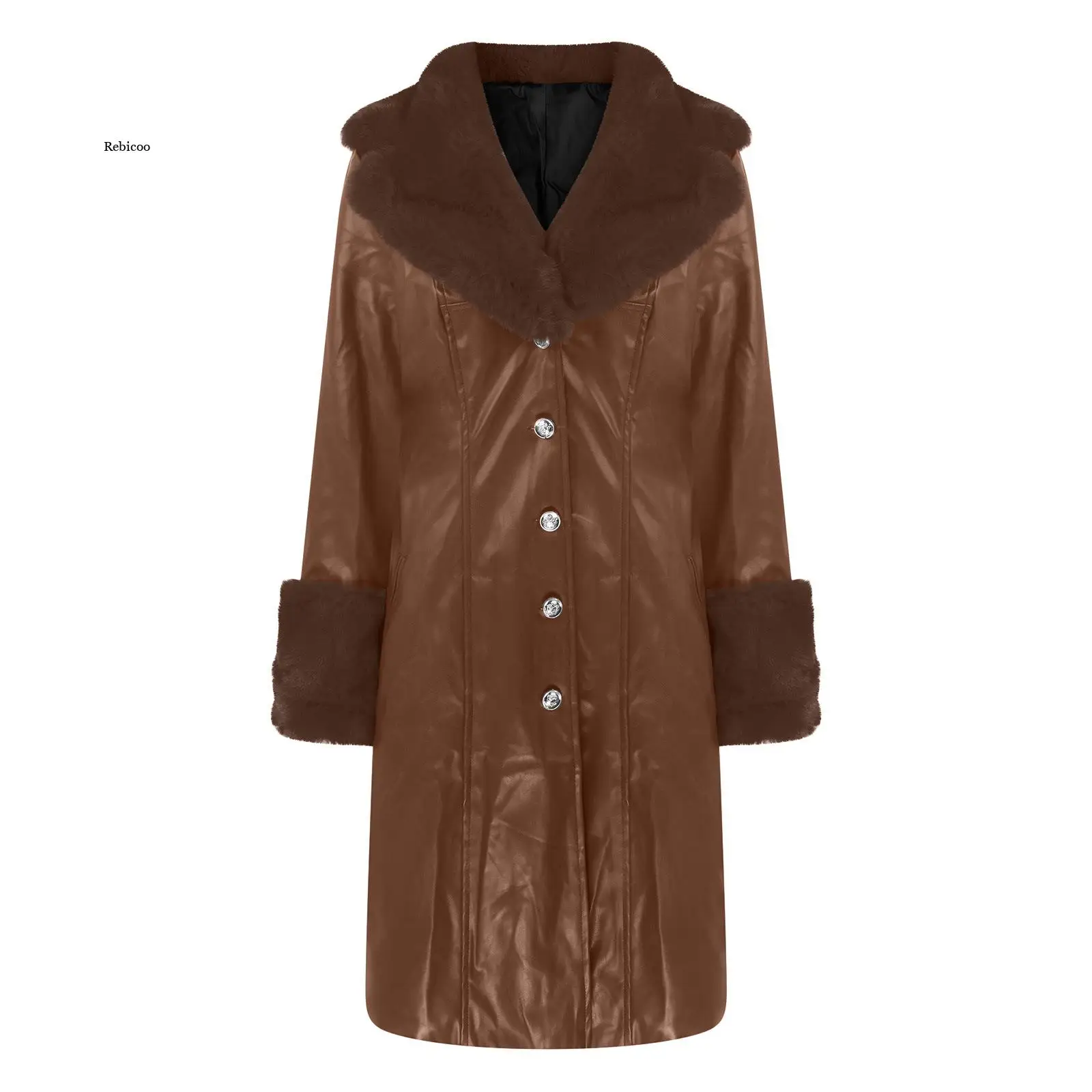 Manteau d'hiver en cuir Pu pour femme, Long et ample, élégant, col en fourrure rembourré, à la mode, nouvelle veste chaude en cuir