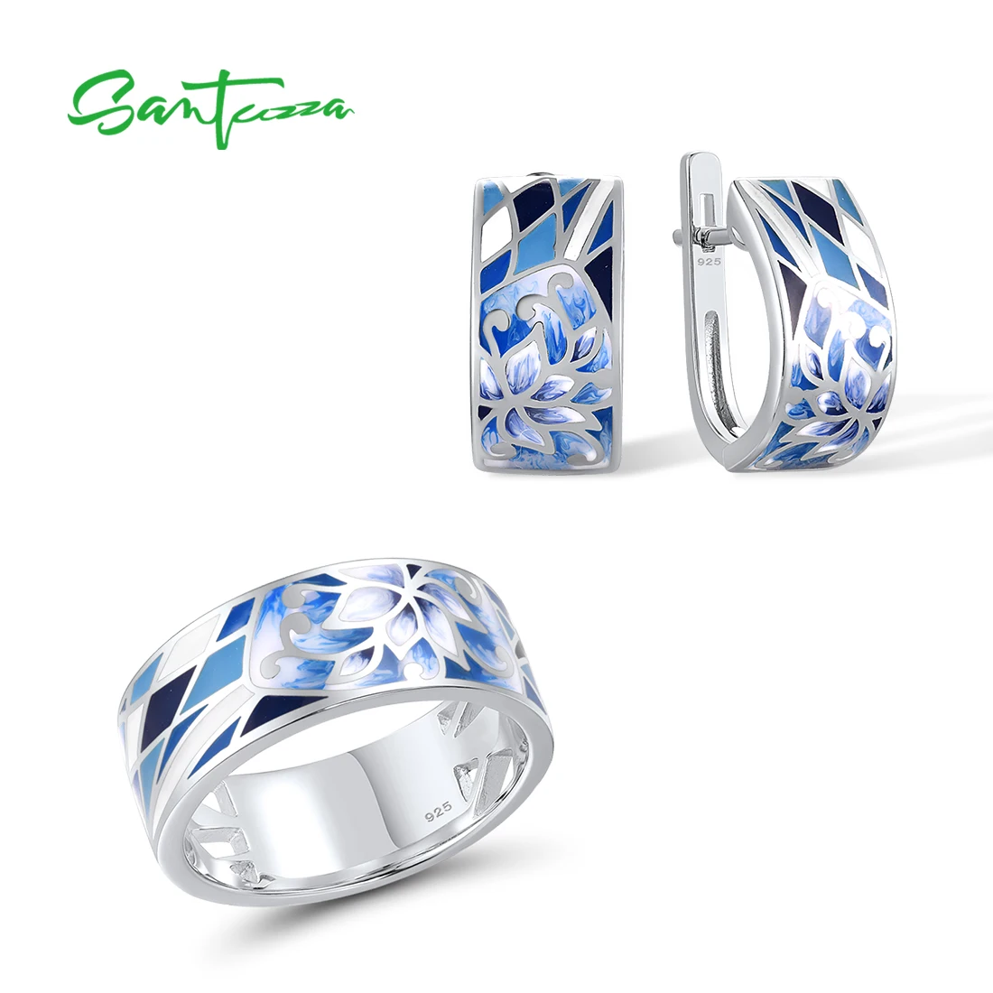 

SANTUZZA Silver Jewelry Set For Women Pure 925 Sterling Silver Blue Flower Enamel Earrings Ring Set Trendy Fine Jewelry Handmade