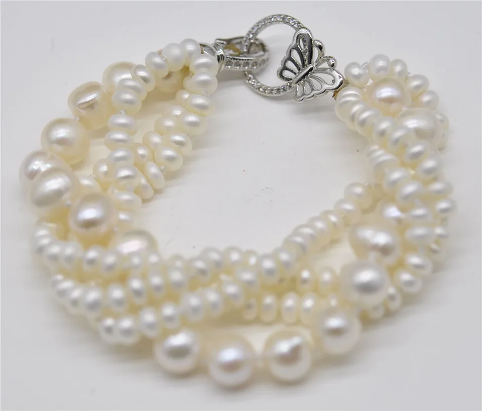 HABITOO Triple Strands 4-5mm 7-8mm South Sea White Pearl Bracelet 7.5-8