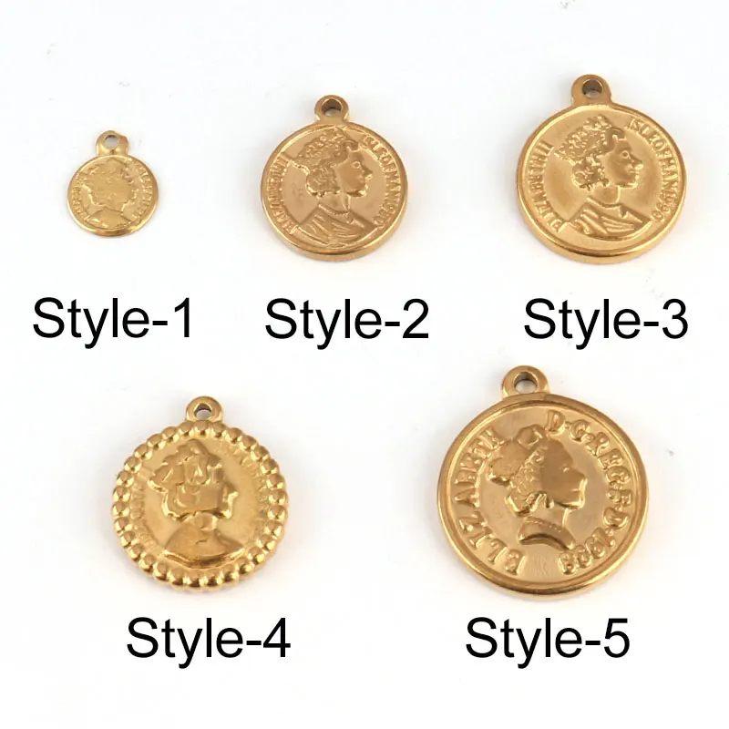 5pcs Stainless Steel Portrait Queen Elizabeth Coin Pendants Anti-Corrosion Small Round Pendant Charm Jewelry Making Accessories