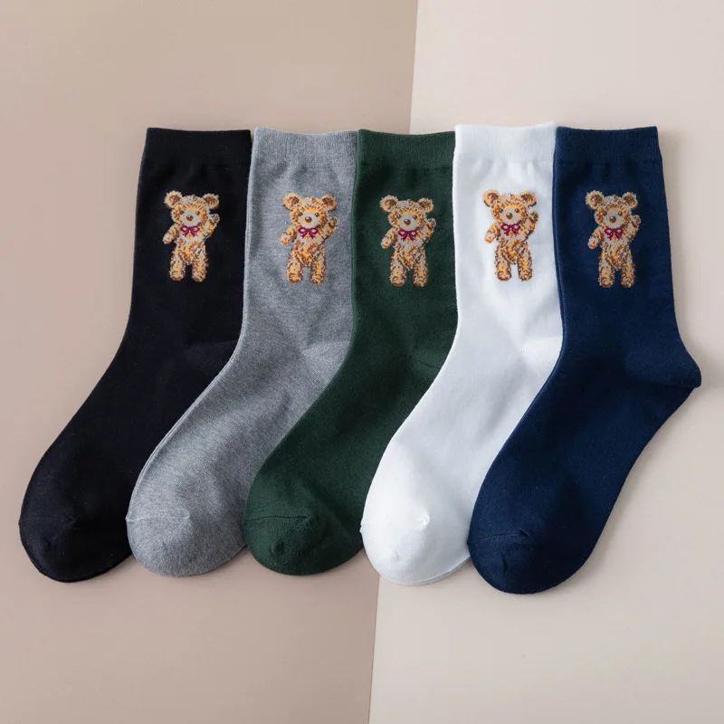 Cartoon gentleman bear Women's Socks Cotton Harajuku Skateboard Socks winter warm Novelty Breathable Sox Christmas Gift for Girl