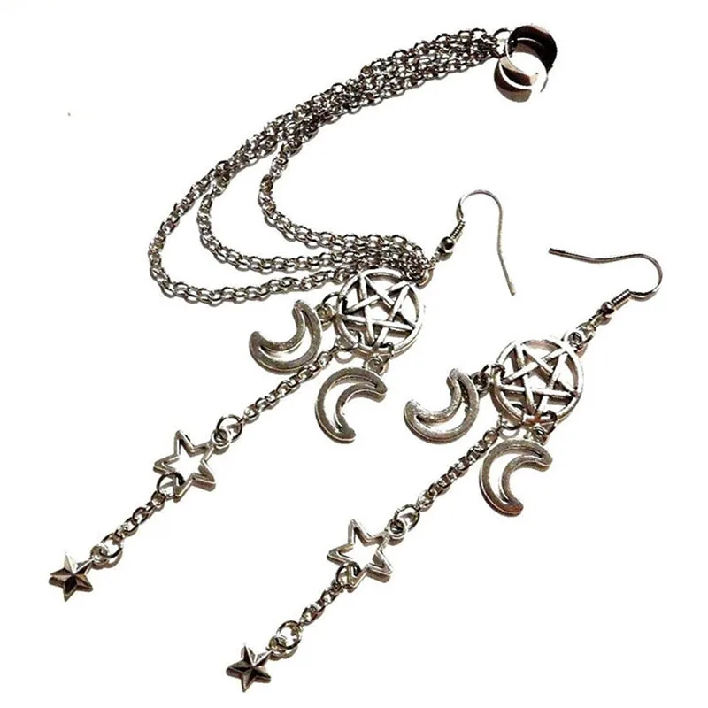 Pentagram & Moon Asymmetric Earrings and Ear Cuff chains stars gothic pentacle magick wiccan pagan witch