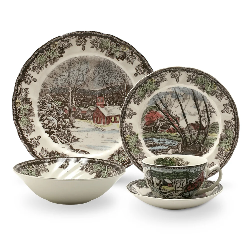 The Friendly Village Dinner Set Elegant England Style  Ware  Ceramic Breakfast Plate Beef Dishes Dessert Dish Soup Bowl