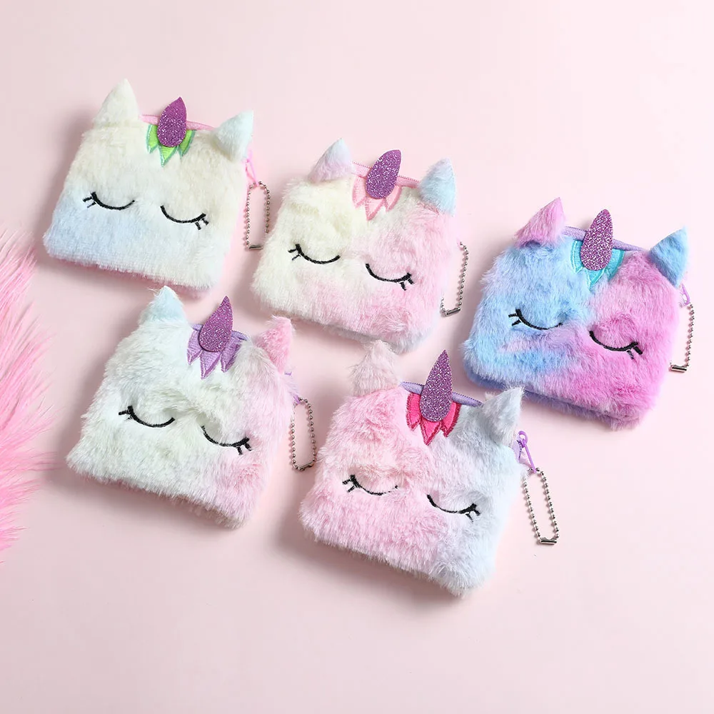 การ์ตูน Plush Unicorn กระเป๋าสตางค์แมวน่ารักขนสัตว์วงกลมกระเป๋าสตางค์ผู้หญิงคลัทช์ปักกระเป๋าหูฟัง Organizer กระเป๋าเด็กของขวัญ