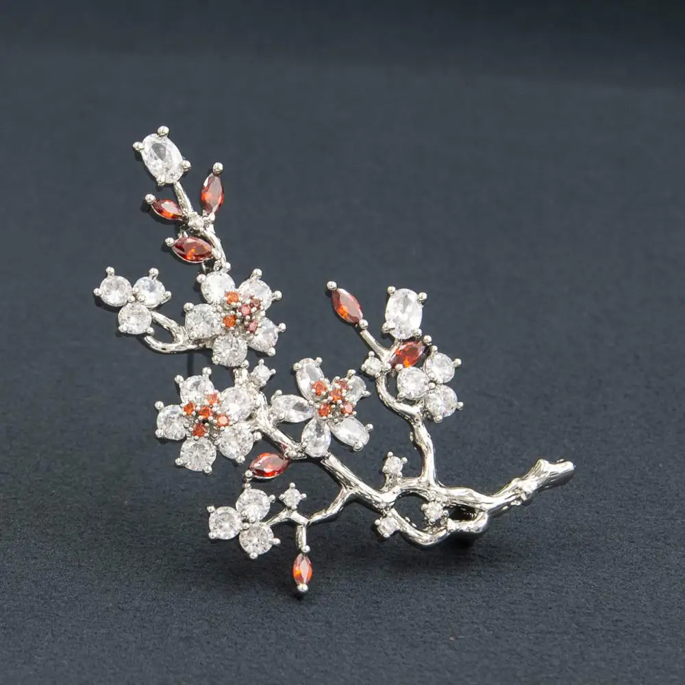 Elegant plum blossom flower cubic zirconia brooches pin lady scarf buckle wedding jewelry accessory for women A01920