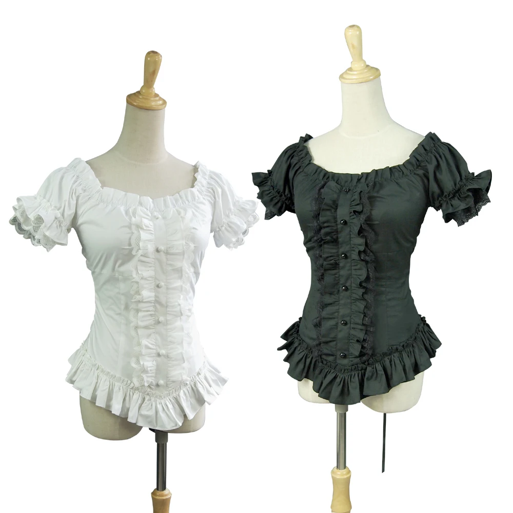 Chemises courtes gothiques vintage pour femmes, chemise victorienne blanche, chemise en coton bandage en dentelle plissée en Y, chemisier Lolita