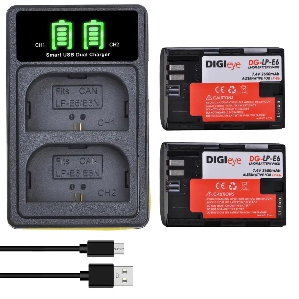 2 pz LP-E6 LP-E6N LPE6 batteria + LED doppio caricatore per Canon EOS 5D Mark II/III/IV, 5DS, 6D, 7D, 60D, 70D, 80D,90D,EOS R,R5, r6, RP