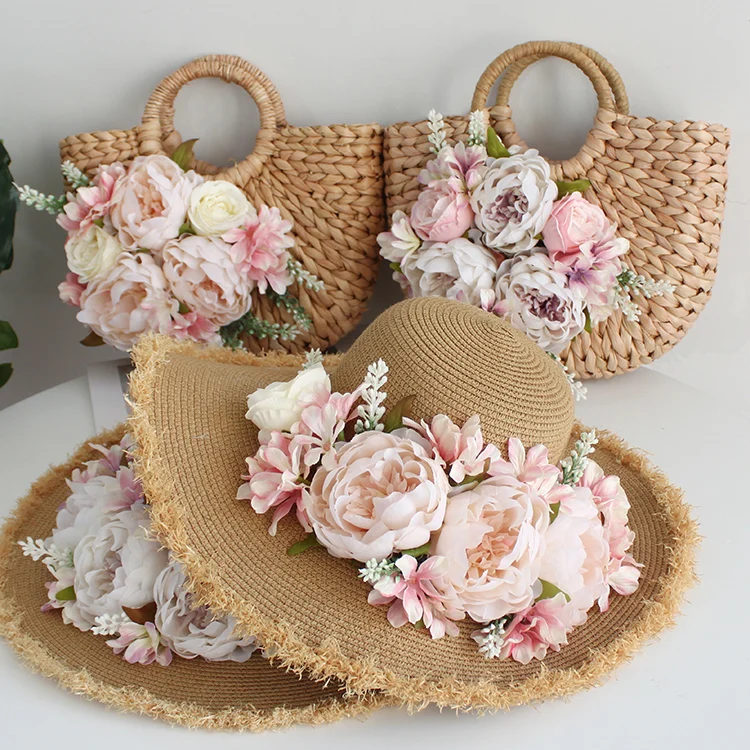 Weave Rattan Straw Holiday Casual Tote Handbag Multicolor Customized  Bohemia Style Women Summer Flower Beach Bag and Hat Suit