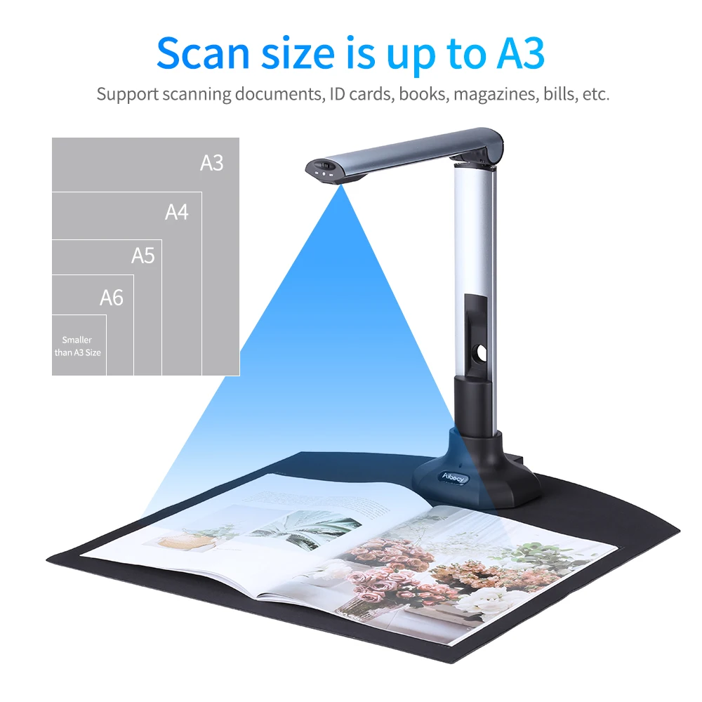 Aibecy BK52 Portable Book Size A3& Document Camera Scanner Capture HD 10 Mega-pixels USB 2.0 High Speed Scanner with LED Light