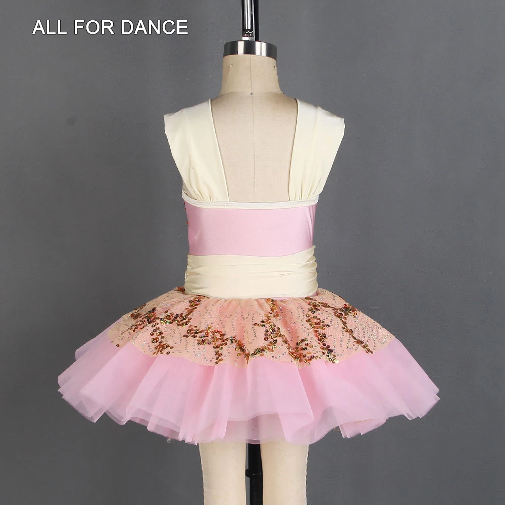 20129 Ivory Sequin Net With Pink Spandex Top Ballet Dance Skirt For Little Ballet Girl Stage Performance Dance Dress