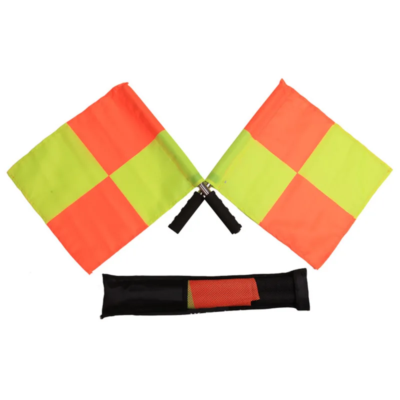 1 Pair Soccer Ref Flags Football Rugby Linesman Checkered Referee Flags Stainless Steel Metal Pole Foam Handle with Carring Bag