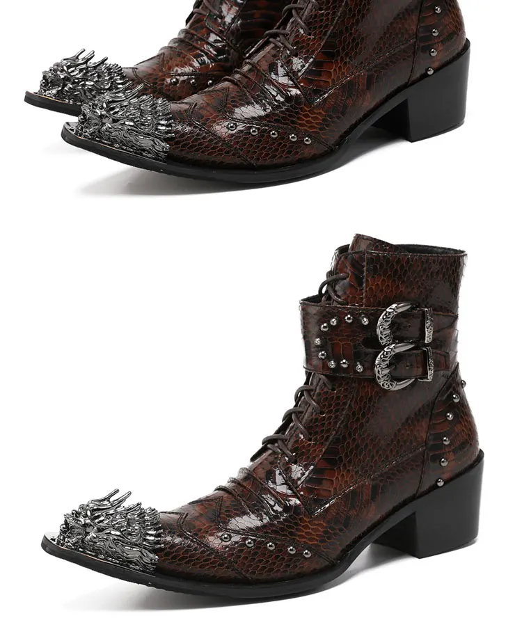 Herren Maßgefertigte Schlangenleder-Stiefel mit Nieten, Mittelhoch, Spitze Zehenkappe, Luxuriöser Singer-Modell-Stil, Bar-Party, Persönlichkeit, Herbstschuhe – Detail 18