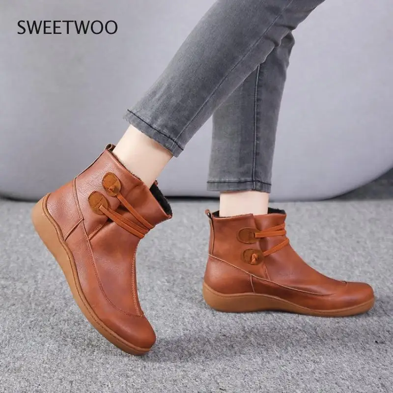 

Vintage Flat Women Boots Autumn Winter Round Toe Back Zipper Winter Warm Waterproof Ankle Boots Women Platform Shoes