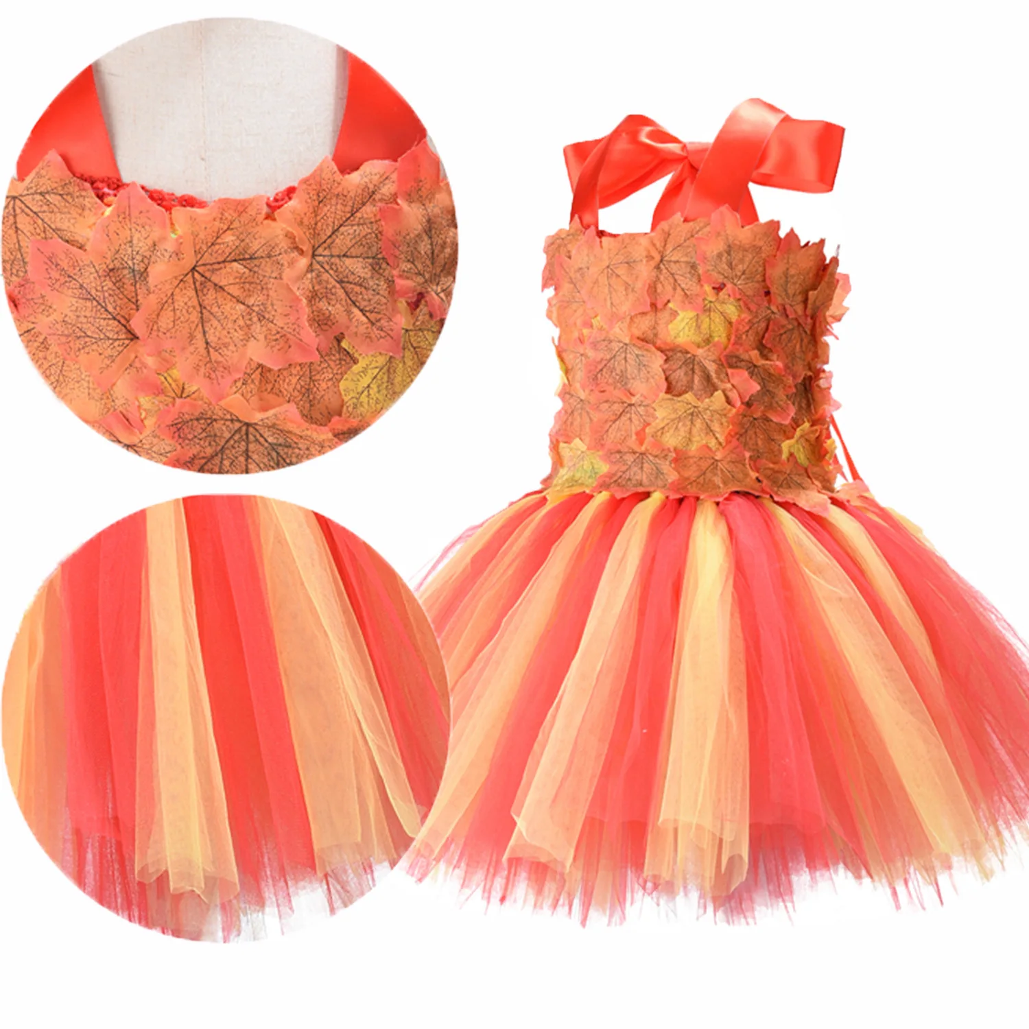 2020 New Simulation Maple Leaf Girl Dress Thanksgiving Orange Yellow  Kids Dresses for Girls  Flower Girl Birthday Tutu Dresses