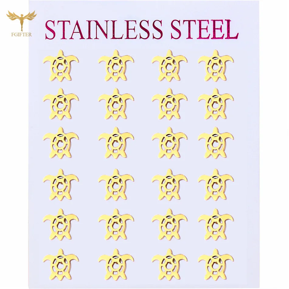 Women Earrings Set Cute Ocean Animal Turtle Ear Studs for Girls Golden Stainless Steel Piercing Jewelry Wholesale 12 Pairs Gifts