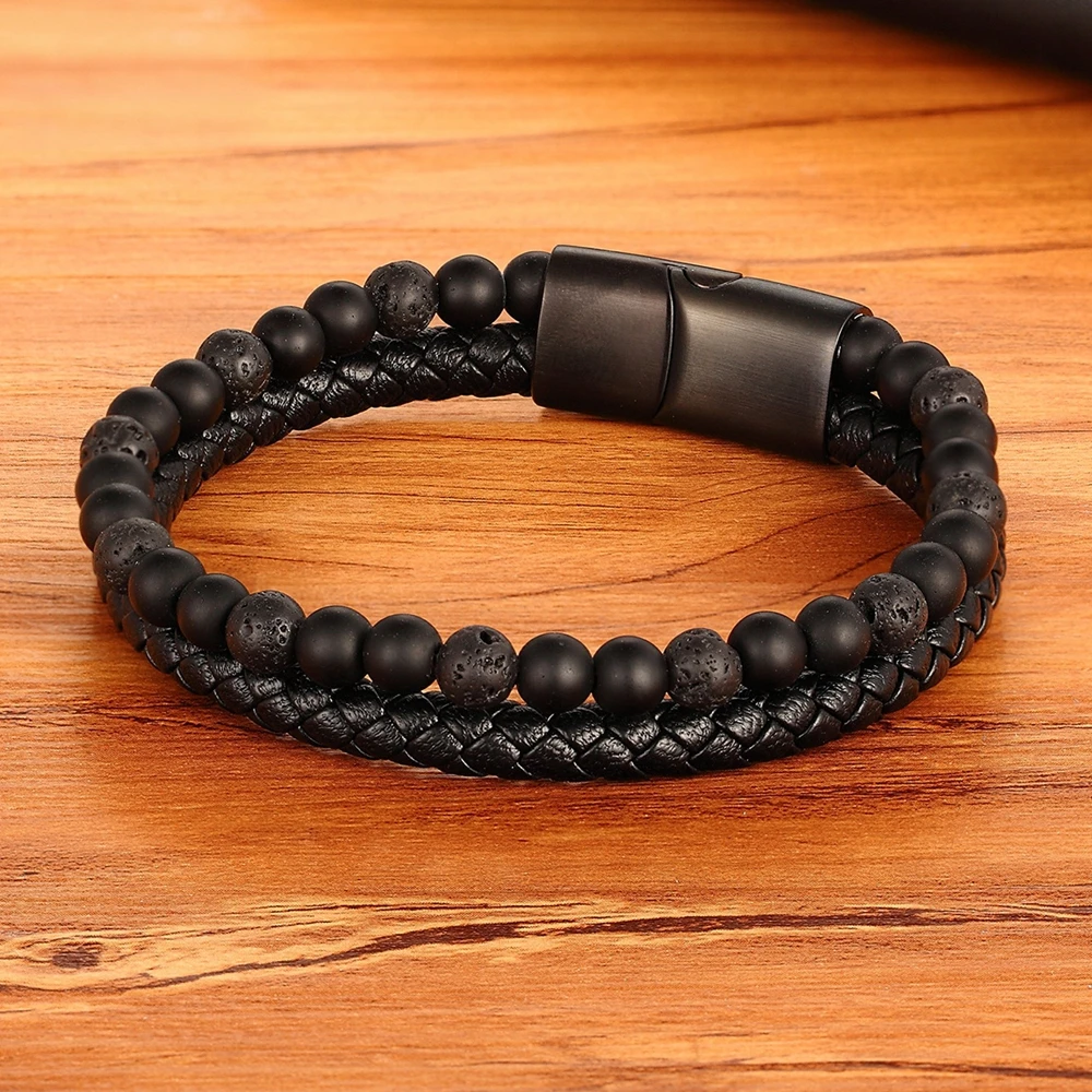 TYO New Arrival Men Bracelet Natural Stone Beads Double Layer Leather Bracelet Stainless Steel Magnetic Clasp Bangle Jewelry