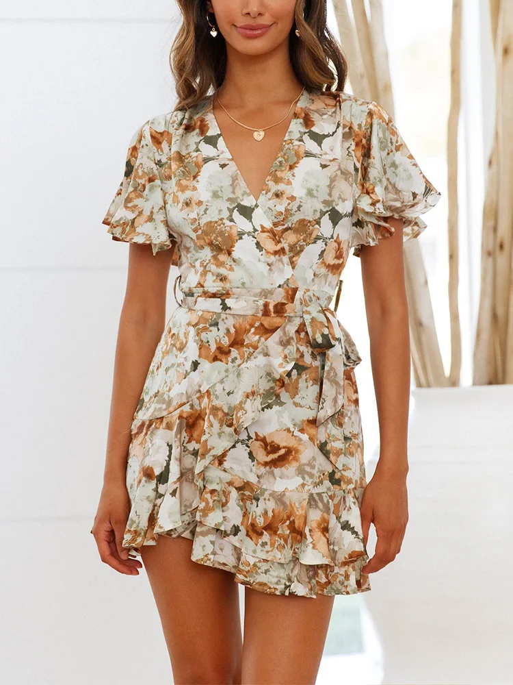 

Summer Clothes For Women 2022 Crossover V Neck Short Sleeve Faux Wrap Mini Dress With Belt Ruffle Hem Floral Print Beach Dress