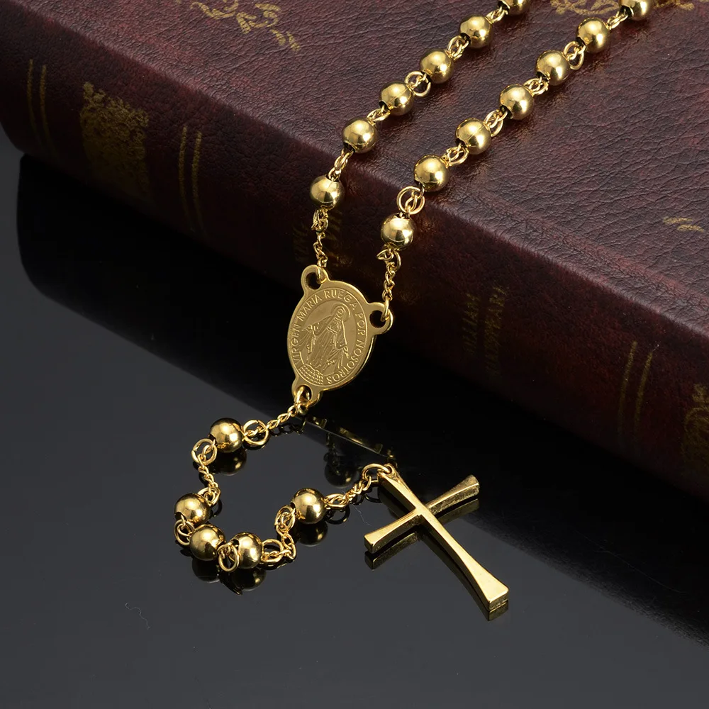 

New Vintage Gold Color Stainless Steel Christian Cross Bohemia Religious Rosary Pendant Necklace for Women Charm Jewelry Gifts