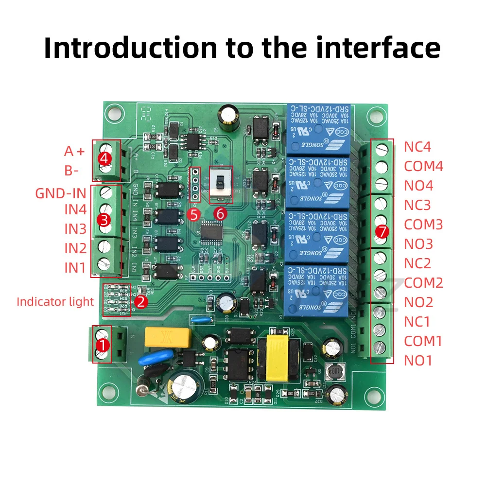 220V Power Supply Modbus RTU Four-way Relay Module RS485/TTL UART