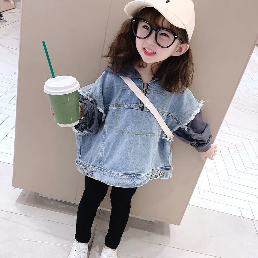 Giacca con cappuccio da ragazza per la primavera autunno inverno a maniche lunghe Patchwork Denim Top coreano elegante primavera per bambini Top da