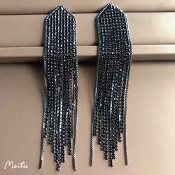Bilincolor Fashion Cubic Ziconia Long Black Tassel Earring for Women