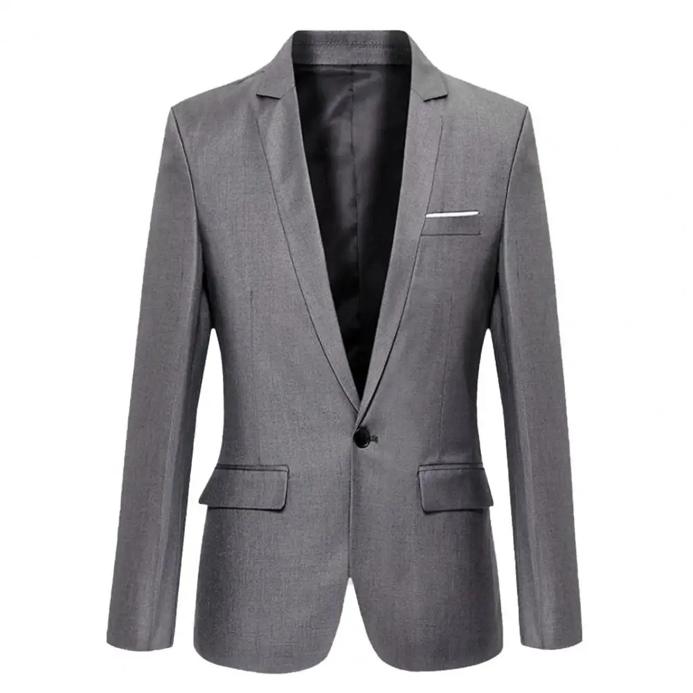 Flap Pockets Long Sleeve Men Blazer Solid Color Single Button Lapel Suit Jacket Male Clothing