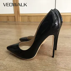 Veowalk Solid Black Women 12cm High Heels Slip On Pointed Toe Glossy Stilettos Pumps Elegant Ladies Formal Dress Shoes