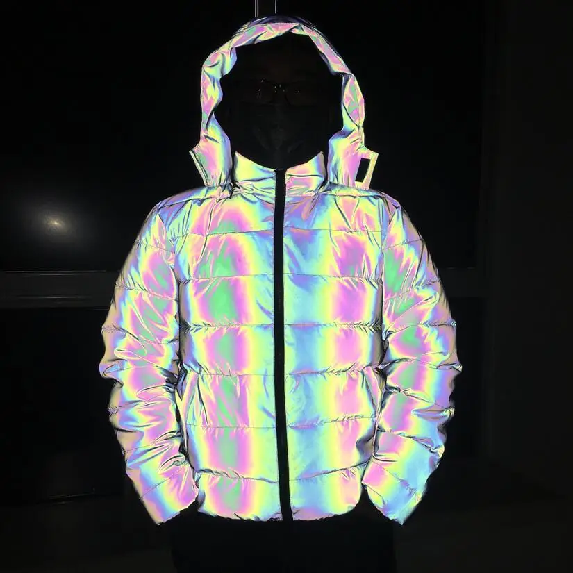 Jonge Mannen Winter Jas Voor Vrouwen/Mannen Reflecterende Jas Hip Hop Streetwear Dance Reflecteren Licht Dazzling Hooded Parka Winter jas