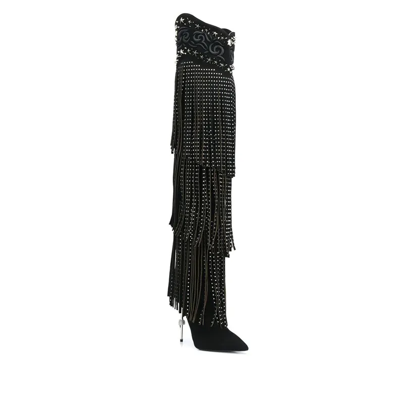 Vintage Crystal Embellished Fringe Overknee Boots Winter Pointed Toe Thigh High Cowboy Boots Design Metal High Heels Party Shoes