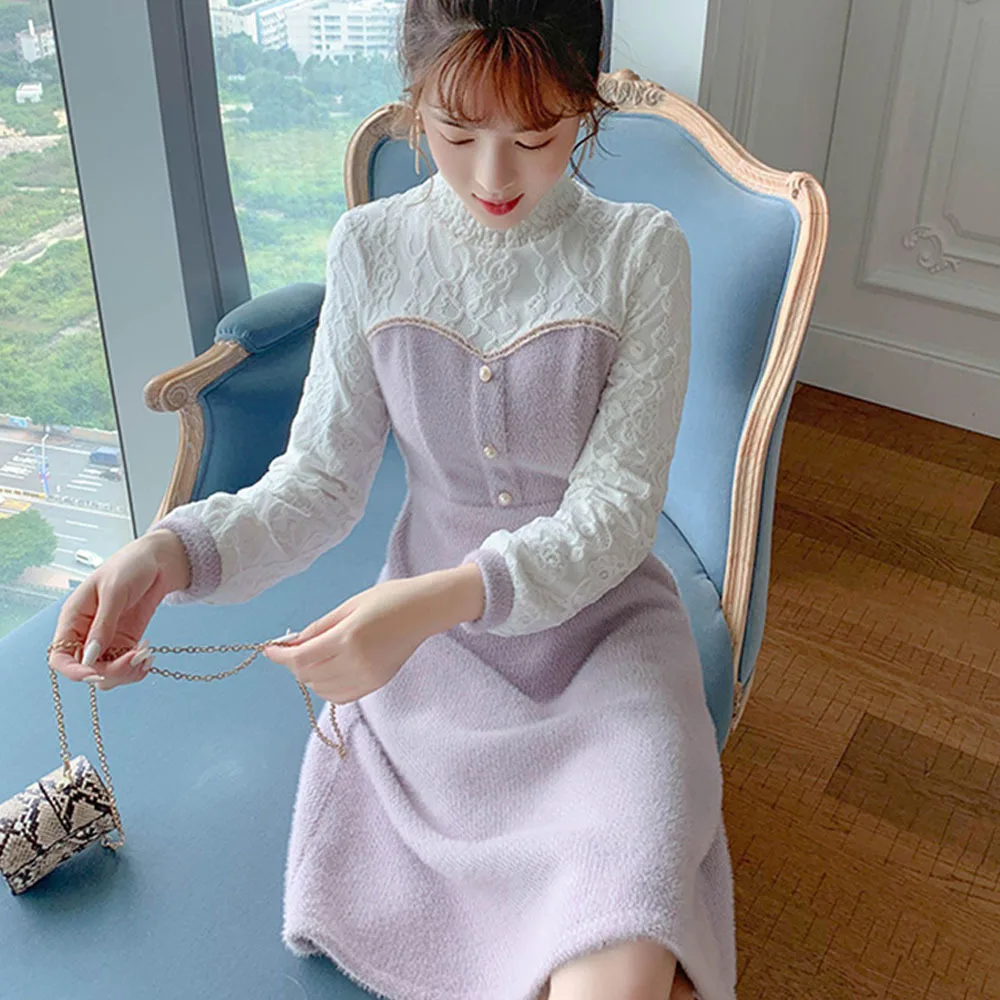 Fashion Purple Lace Bottom Sleeve Plus Velvet Dress Women Autumn Winter 2022 Mid-length Over-the-knee Sweet Knit Sweater Dress