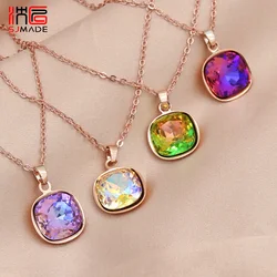 SHENJIANG New Trendy Square Crystal Pendant Necklace For Women Girls 585 Rose Gold Color Wedding Party Fashion Jewelry