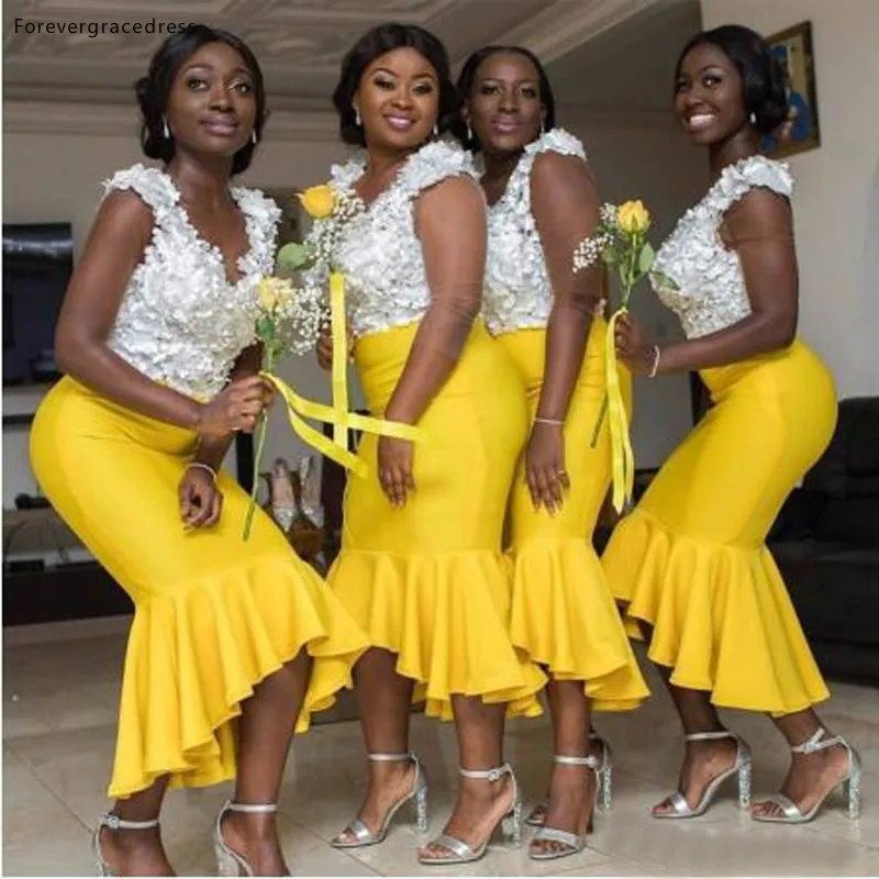 

African Girls Lace Top Tea Length Bridesmaid Dresses V Neck Maid of Honor Gowns Wedding Guest Tailor Made Plus Size Available