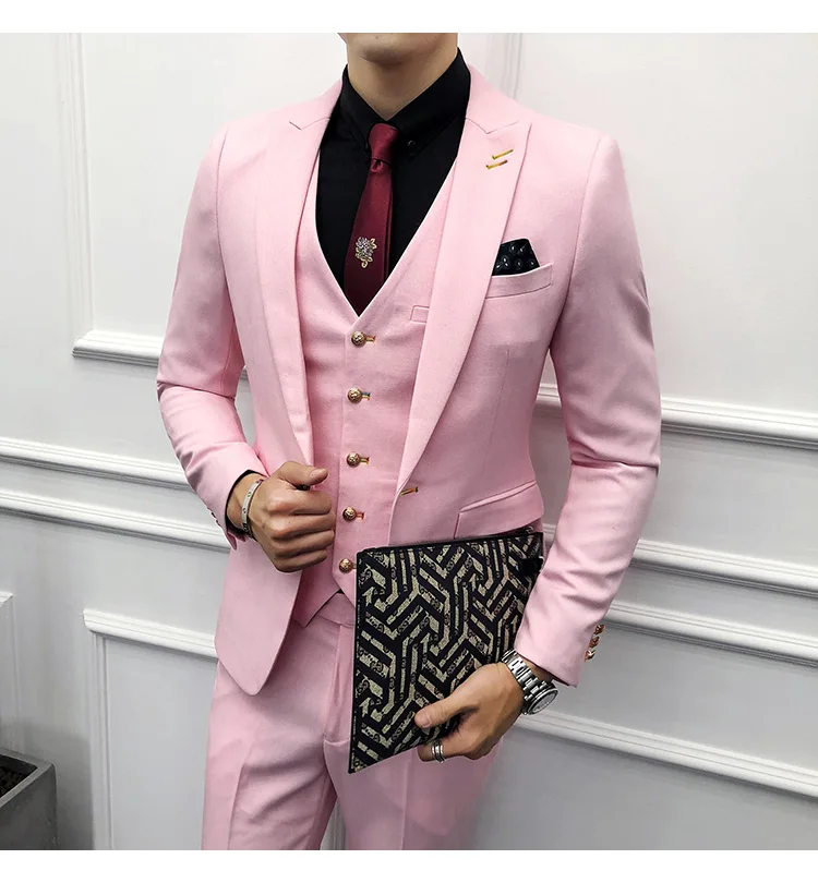 

(Blazer+Vest+Pants) Pink Men's Business Casual Suit Dress High Quality Groom Wedding Fashion Men Slim Suit 3 Piece Set