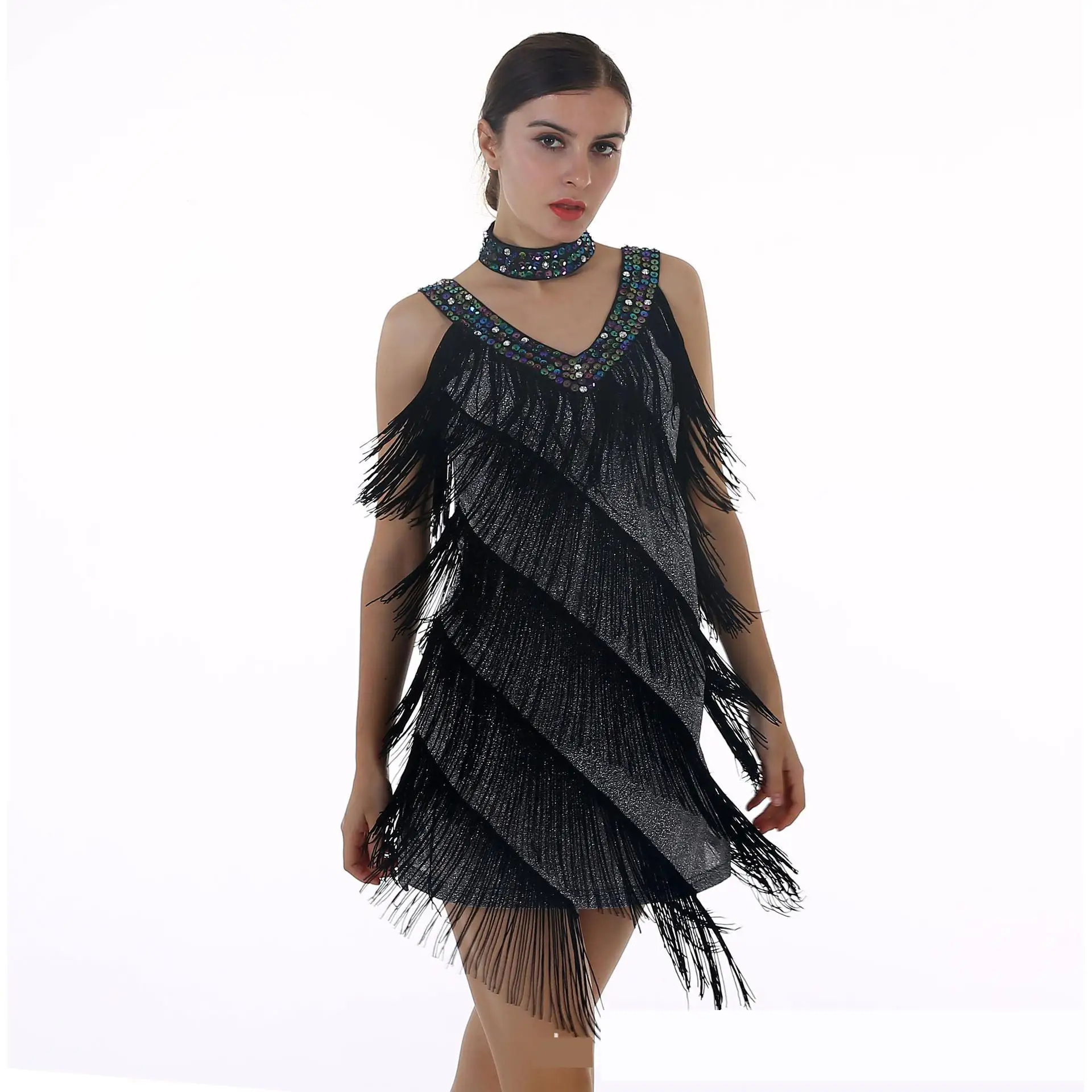 Vestido Flapper de gran Gatsby para mujer, disfraces de actuación de baile de los años 1920, flecos, lentejuelas, Salsa latina