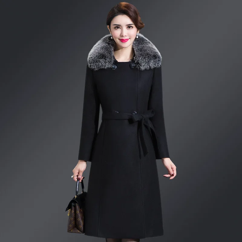 

Middle-aged Women Wool Coat Big Fur Collar Belt Slim Overcoat Female 2022 New Autumn Winter Fashion Warm Outwear 5XL Wool Jacket