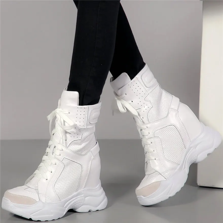 Casual Shoes Women Lace Up Genuine Leather High Heel Platform Pumps Shoes Female Breathable High Top Round Toe Fashion Sneakers