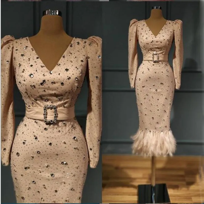 Crystals Beaded V Neck Satin Prom Dresses Long Sleeves Short Evening Gowns With Belt Zipper Back Feather Formal Party Dress 2021