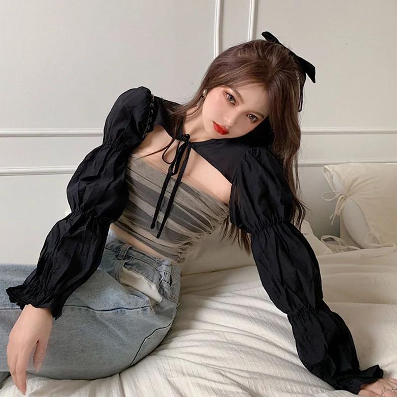 Two-piece Blouse Fashion Female Design Sense Stitching Tube Top Women\'s Mesh Belt Blouse Top  With Shawl