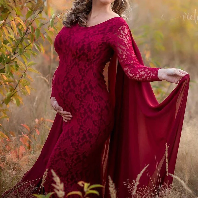 

Lace Long Sleeve Maternity Maxi Gown Dresses For Photo Shoot Pregnancy Dress Photography Props with Cloak Pregnant Women Clothes