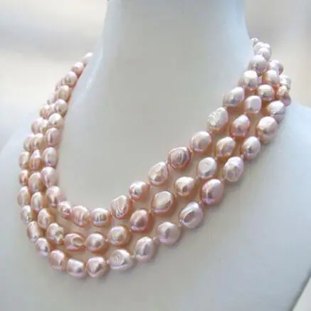 

Beautiful 3 Strands 8-10mm Pink Baroque Freshwater Pearl Necklace 17-19"