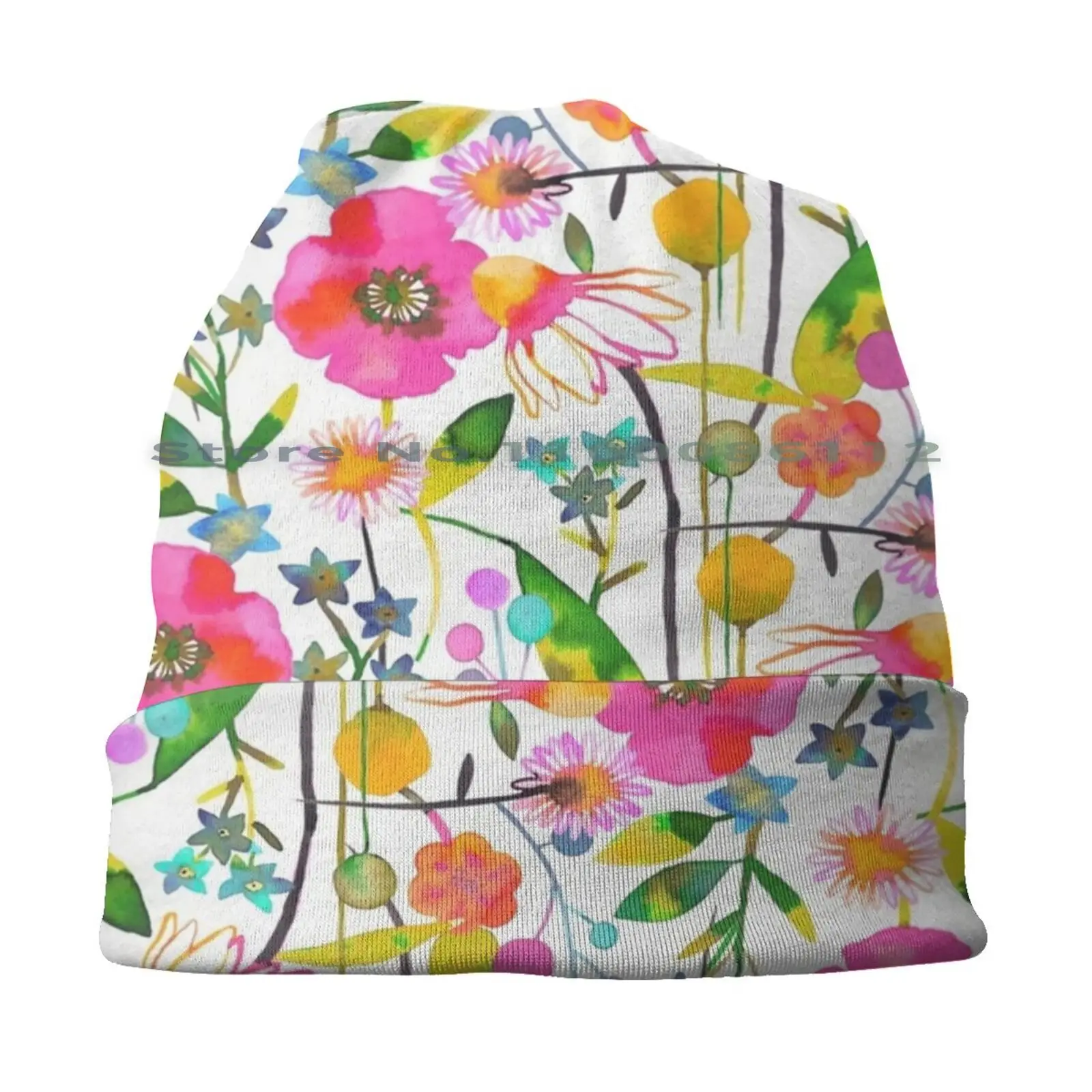 Spring Flowers Beanies Knit Hat Spring Flowers Daisies Poppies Floral Pattern Graphics Colorful Watercolor Pink Yellow Green