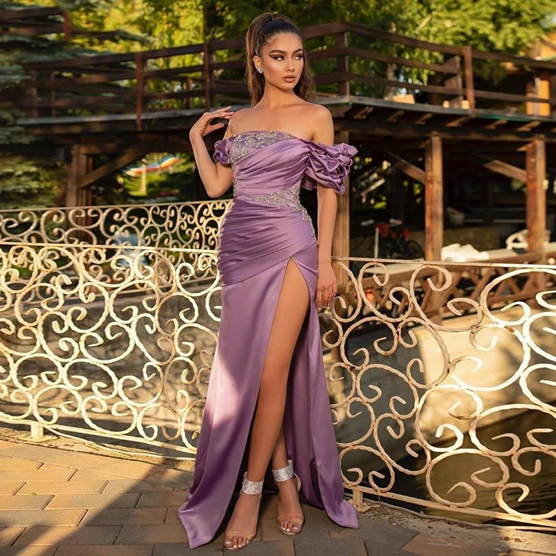 Eightale Evening Dress for Women Strapless Beaded Pleats Satin off the Shoulder Prom Arabic High Side Split Mermaid Party Dress