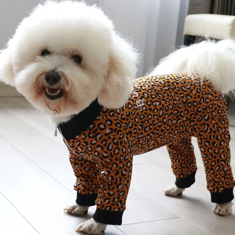 Pet Dog Jumpsuit Wool 100%Cotton Puppy Clothes Leopard Printed Overalls Protect Belly Pajamas For Small Dogs Chihuahua Home Wear