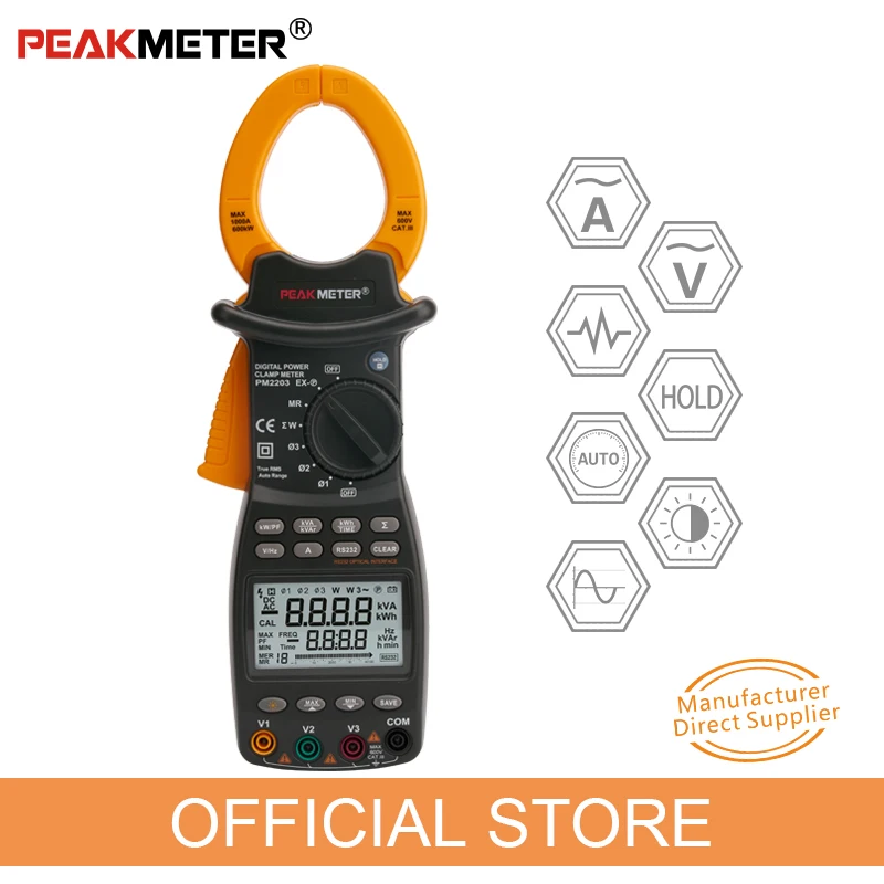 PEAKMETER PM2203 3-Fase LCD Digitale Professionale Ad Alta Sensibilità Morsetto Misuratore di Potenza di Correzione del Fattore di Dati di Log Rs232