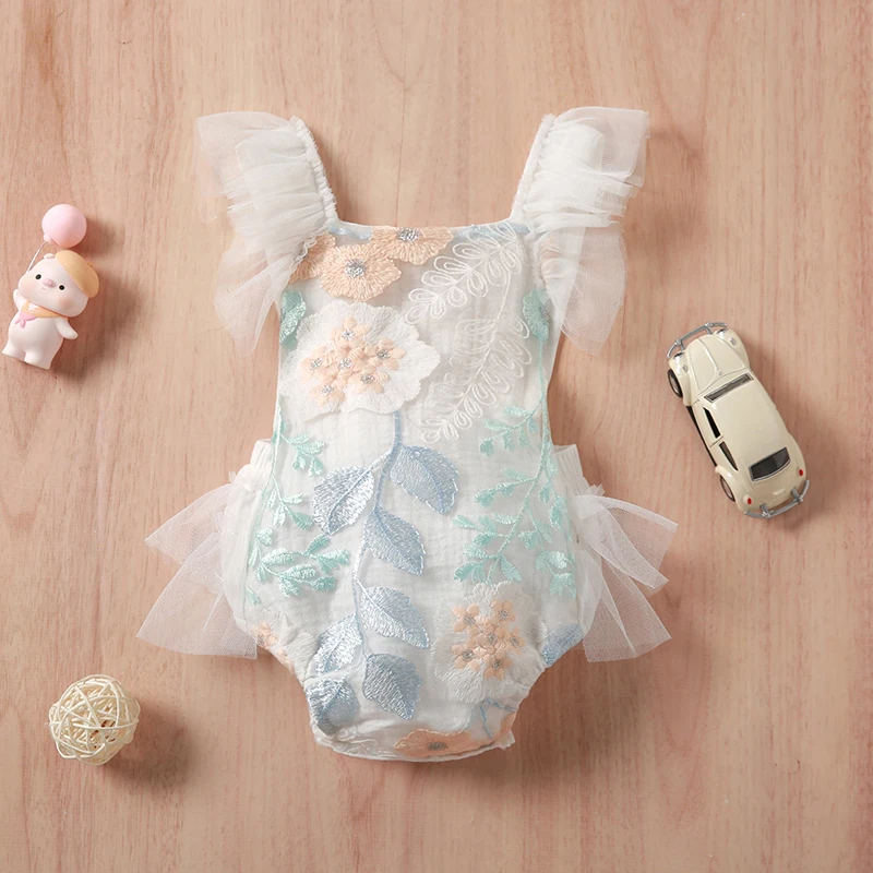 

Summer Baby Girl Romper Embroidered Flower Pattern Sleeveless Backless Patchwork Tulle Sling Bodysuit Lace Sunsuits