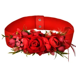 Women's Belt Wide Elastic With Red Artificial Rose Flowers
