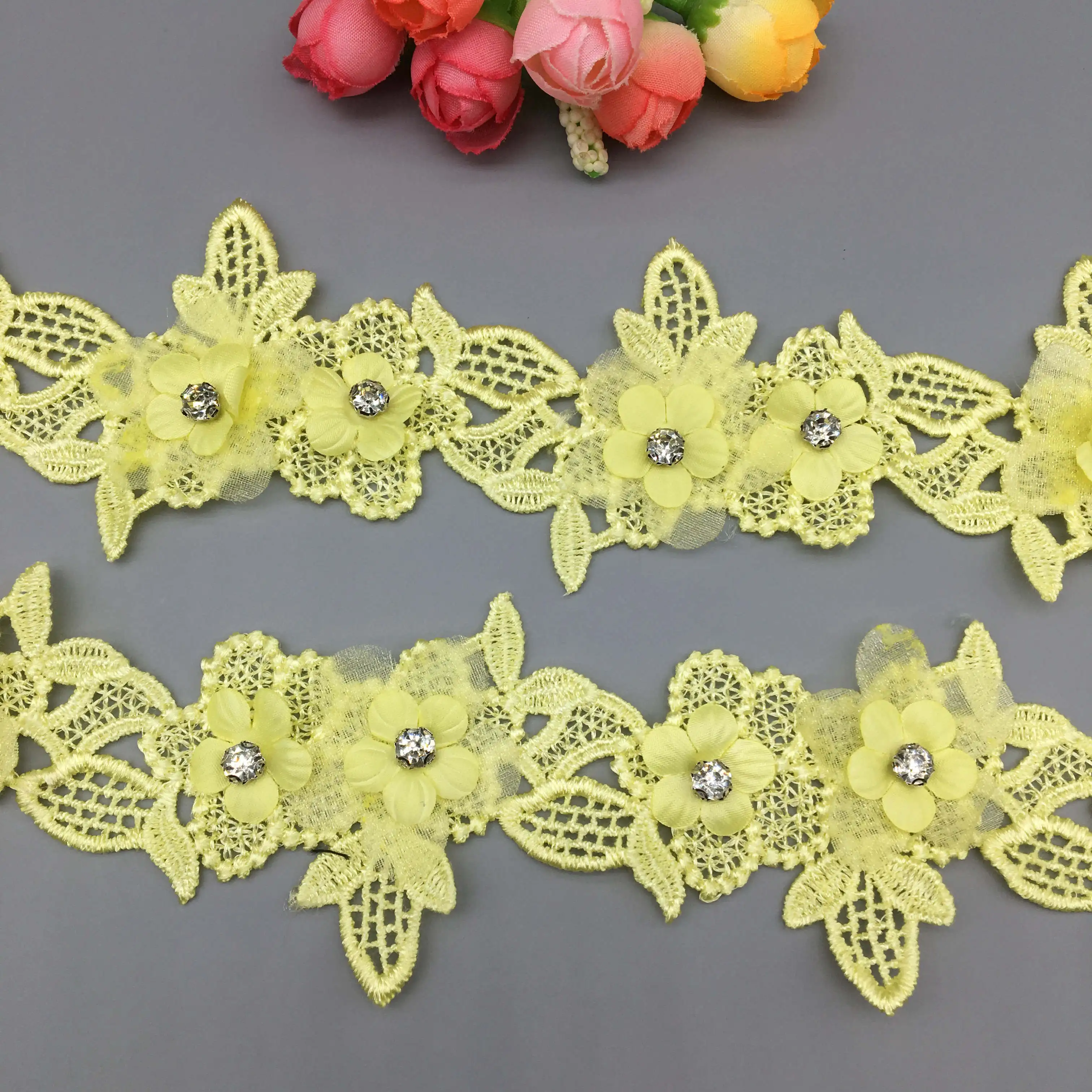 

2 Yards Yellow Rhinestones Flower Mesh Lace Trim Ribbon Fabric Embroidered Applique Sewing Craft Wedding Dress Hat Decor